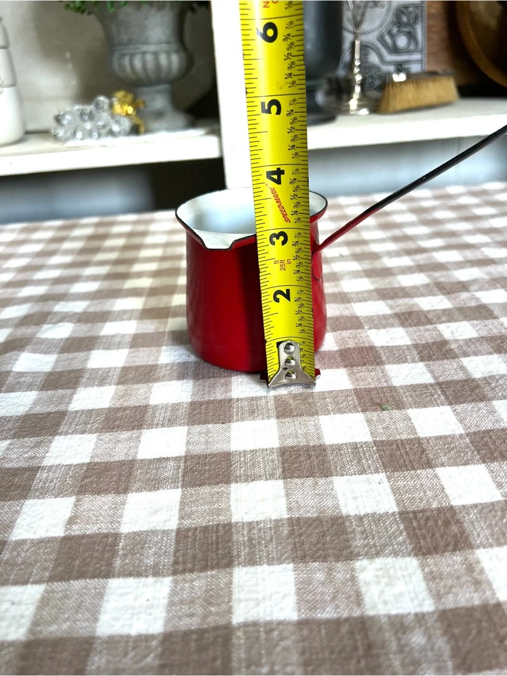 Vintage Hong Kong coffee briki melting pot ladle red black white enamel